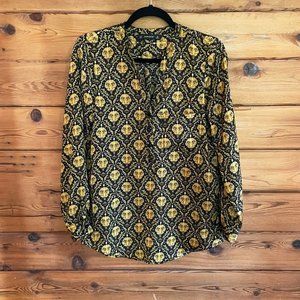Zara Button Up Floral Blouse Roll Tab Sleeves Black Gold Extra Small